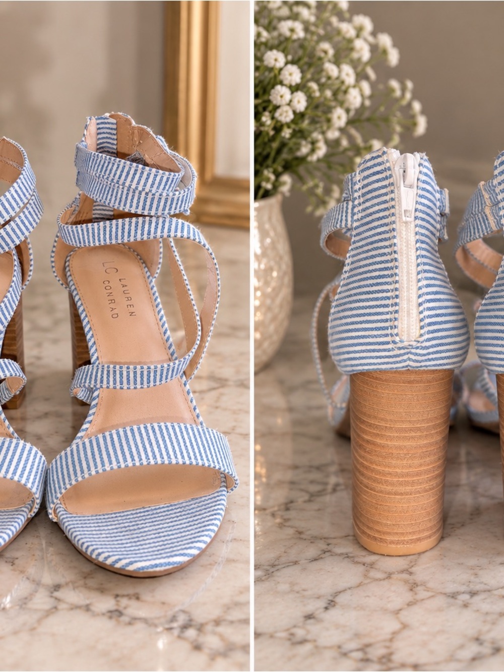 LC Lauren Conrad Blue and White Striped Ankle-Tie Block Heel Sandals - Picture 2 of 2